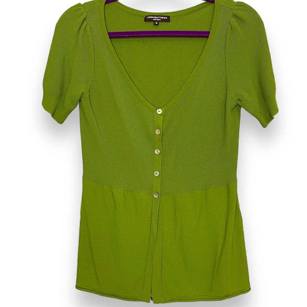 Linda Matthews Knit Blouse Women's Medium Green Cardigan Casual Boho Baby Doll